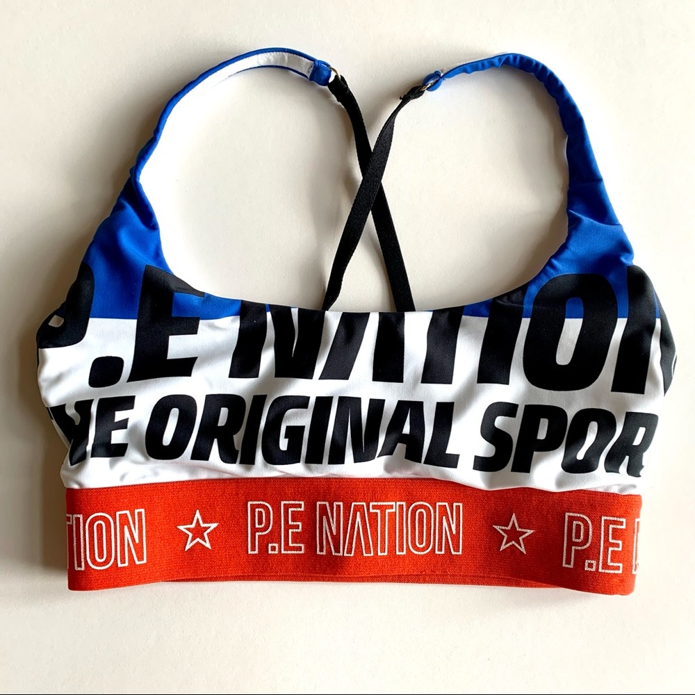 P.E. NATION ORIGINAL SPORTS Red, White, Blue & Black Logo Spandex Sports Bra